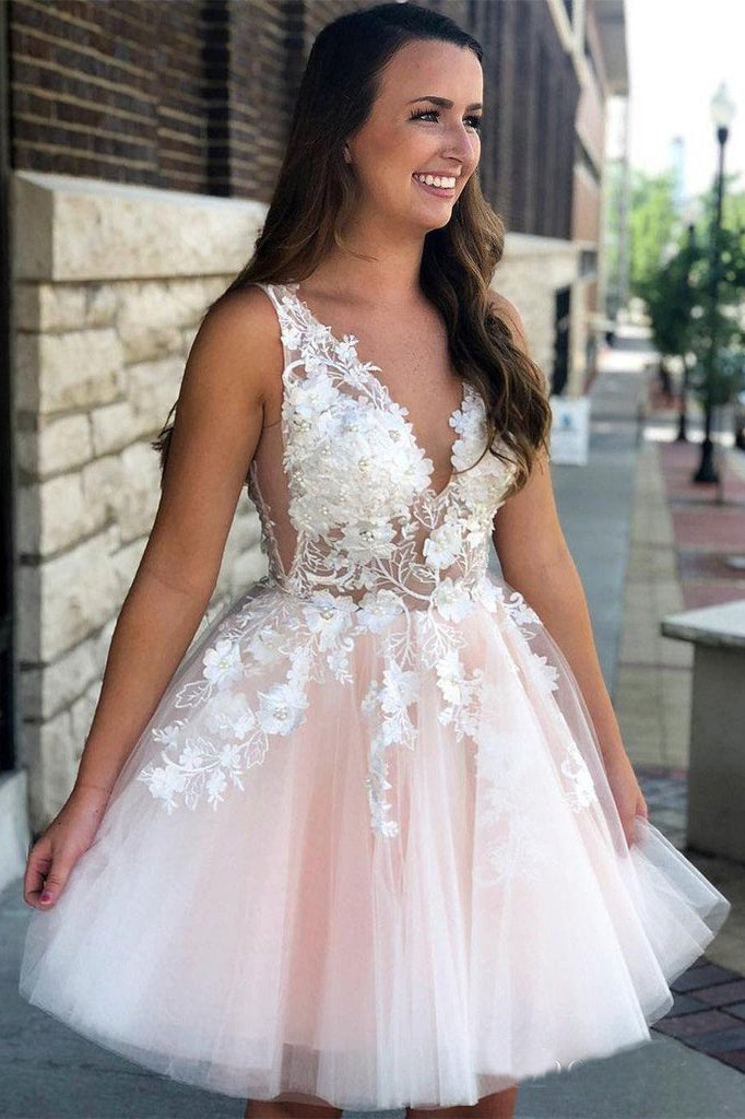 tulle with applique homecoming dress princess v-neck pink short prom dresses dth266