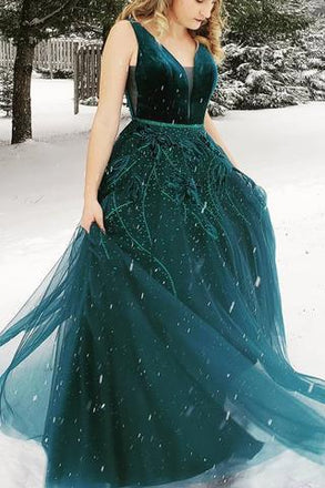 Princess Ball Gown V-neck Dark Green Backless Long Prom Dress