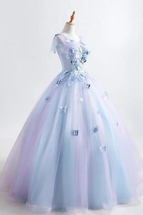 Princess Blue Quinceanera Dress 3D Butterfly Floral Applique Prom Ball Gown