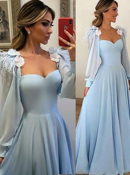 disney princess blue sweetheart long puff sleeves with floral appliques prom evening dress dtp382