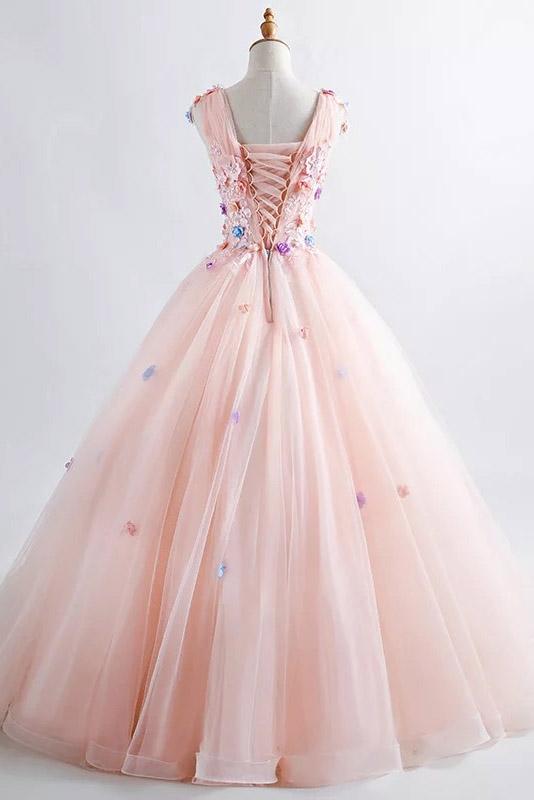 Princess Blush Ball Gown 3D Floral Applique V-neck Prom Quinceanera Dress