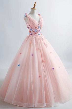 Princess Blush Ball Gown 3D Floral Applique V-neck Prom Quinceanera Dress