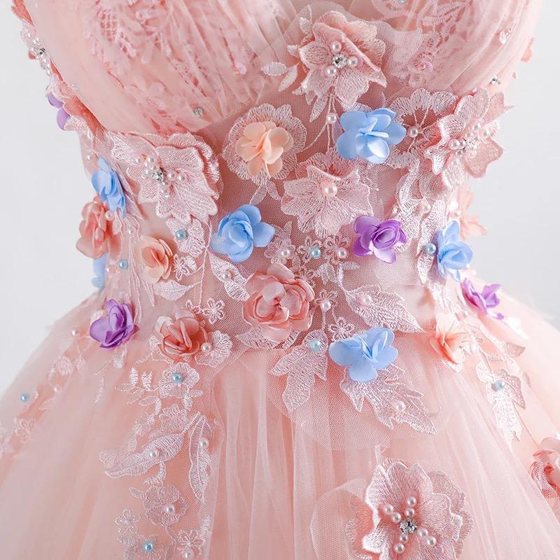 Princess Blush Ball Gown 3D Floral Applique V-neck Prom Quinceanera Dress