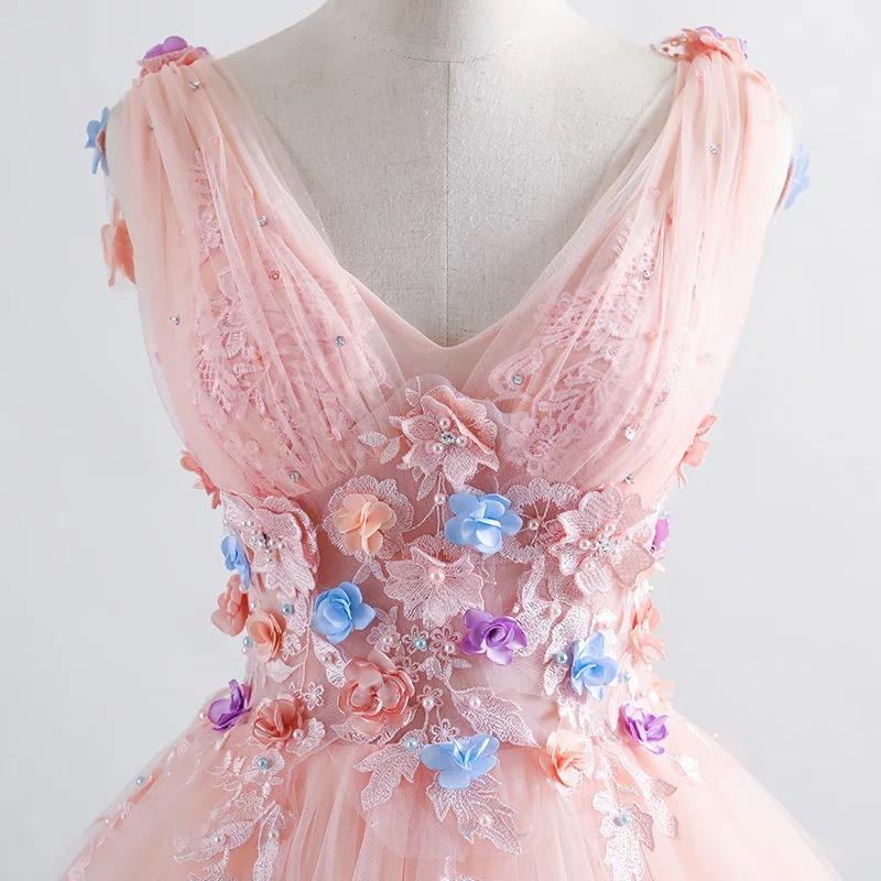 Princess Blush Ball Gown 3D Floral Applique V-neck Prom Quinceanera Dress