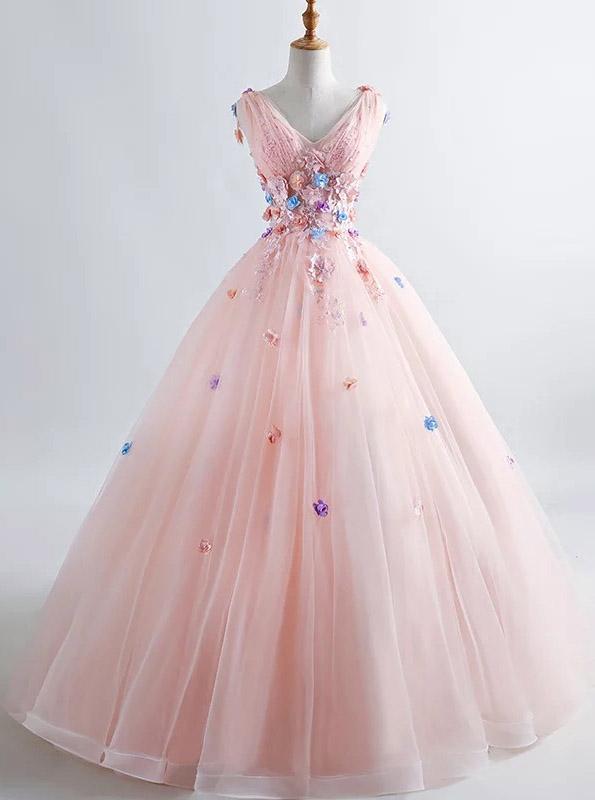 princess blush ball gown 3d floral applique v-neck prom quinceanera dress dtp482