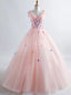 Princess Blush Ball Gown 3D Floral Applique V-neck Prom Quinceanera Dress