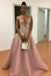 Princess Deep V-Neck Floral Appliques Pearl Pink Tulle Prom Dress