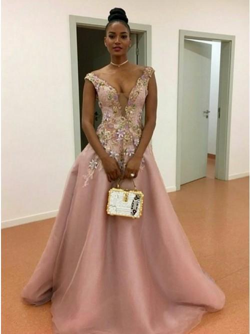 Princess Deep V Neck Floral Appliques Pearl Pink Tulle Prom Dress
