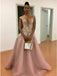 princess deep v-neck floral appliques pearl pink tulle prom dress dtp428