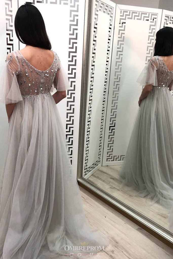 Princess Long Prom Dress With Half Sleeves V-neck Beaded Party Gown