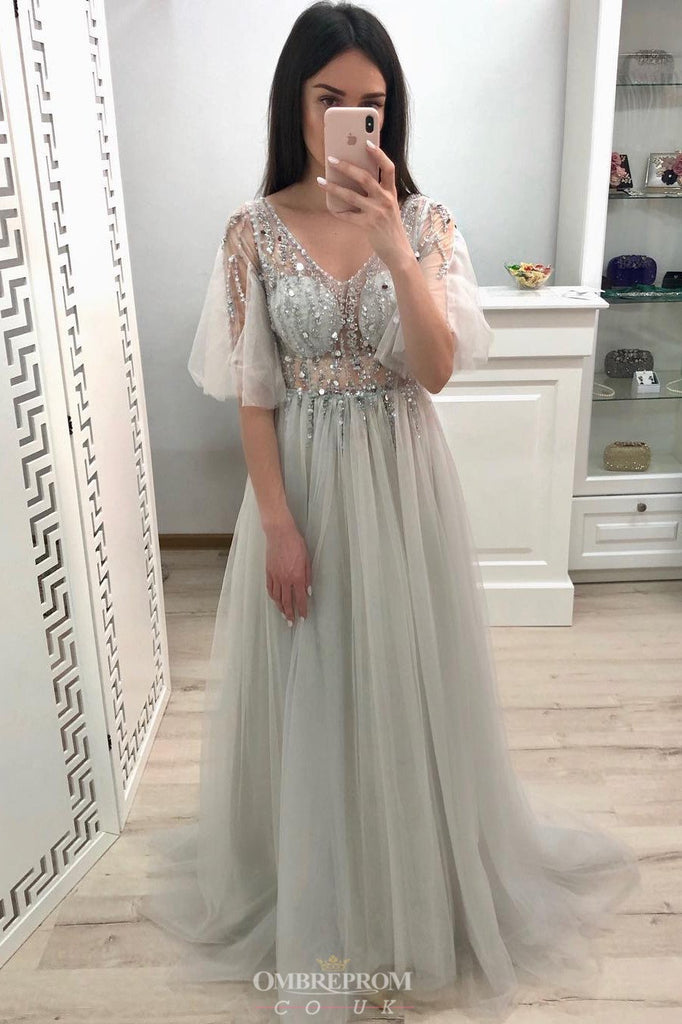 Princess Long Prom Dress With Half Sleeves V-neck Beaded Party Gown