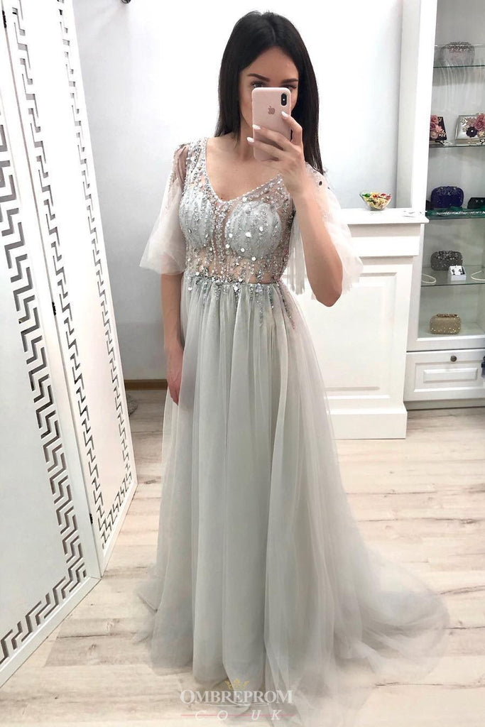 Princess Long Prom Dress With Half Sleeves V-neck Beaded Party Gown