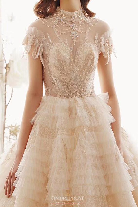 Princess Cap Sleeve Layered Vintage Wedding Dress Beading Bridal Gown