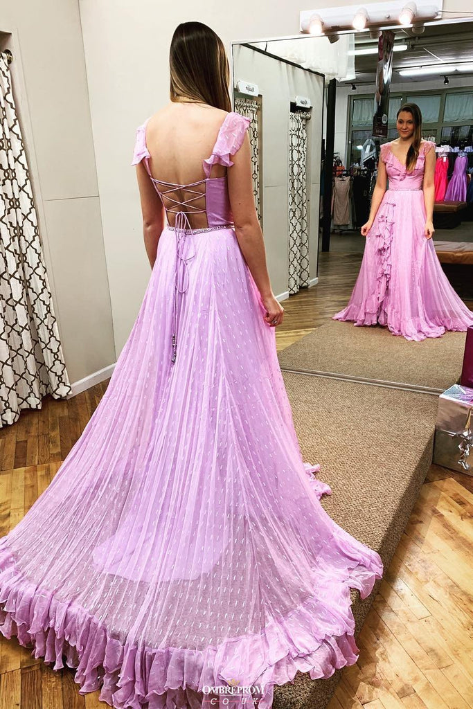 Princess Flowy Lilac Backless Long Prom Dress With Ruffles