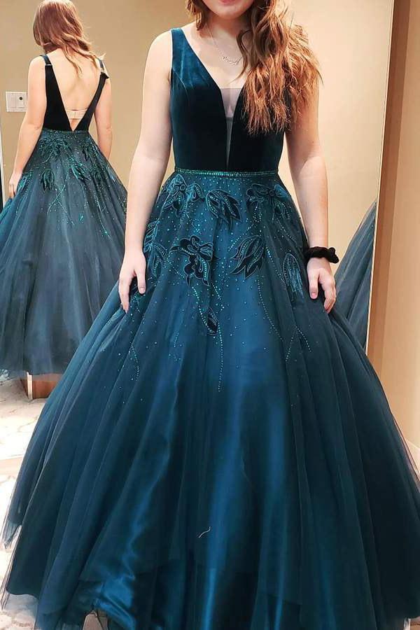 Princess Ball Gown V-neck Dark Green Backless Long Prom Dress