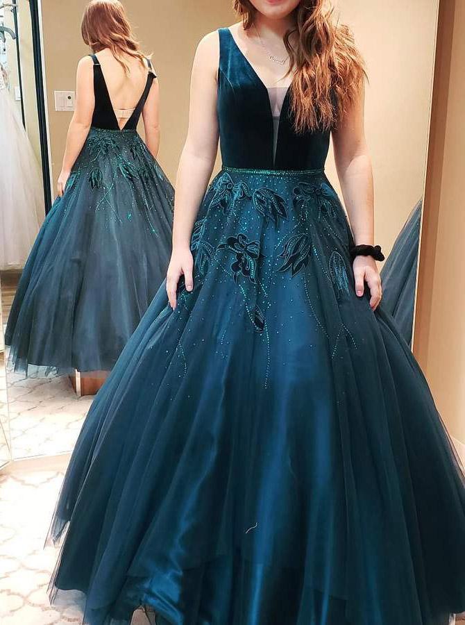 Princess Ball Gown V neck Dark Green Backless Long Prom Dress
