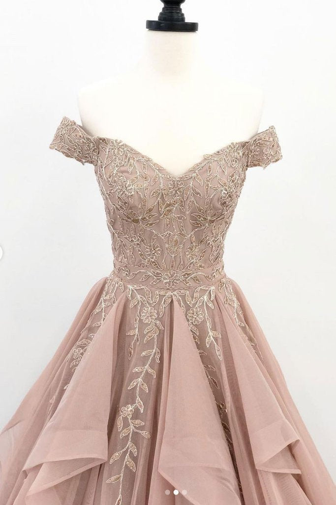 Princess Off Shoulder Tulle Appliques Long Formal Prom Dress
