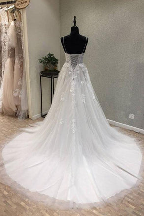 Princess Spaghetti Straps Lace Tulle Lace-up Beach Wedding Dress