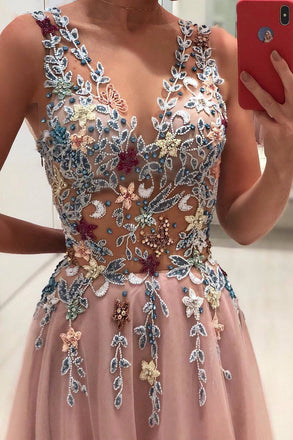 Princess V-neck Floral Beading Appliques Pink Long Prom Dress