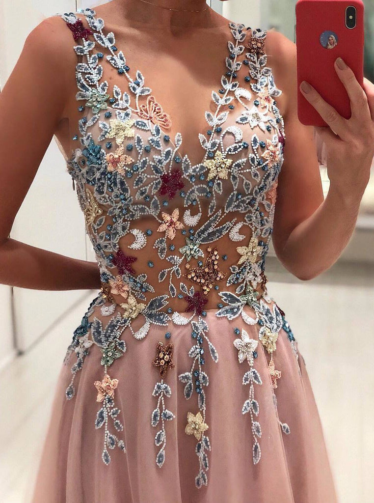 princess v-neck floral beading appliques pink long prom dress dtp381