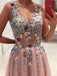 princess v-neck floral beading appliques pink long prom dress dtp381