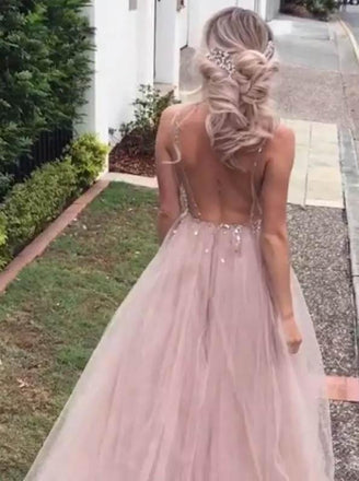 princess tulle long prom dresses v neck lace backless formal evening dress dtp335