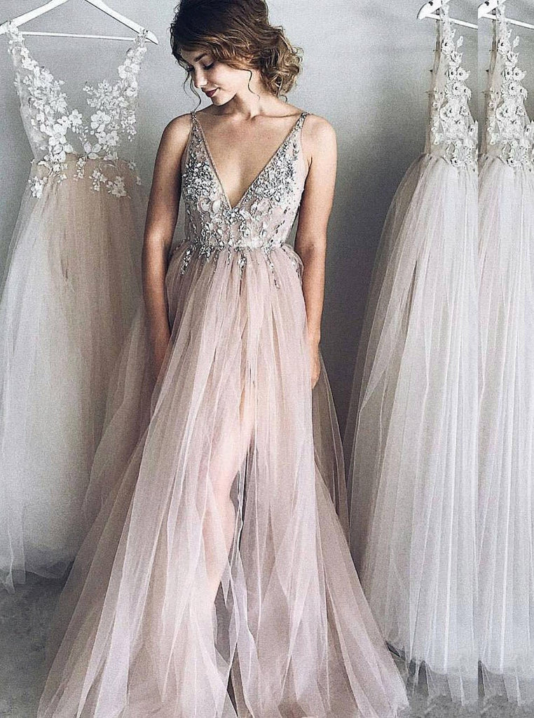 Princess Tulle Long Prom Dresses V neck Lace Backless Formal Evening Dress
