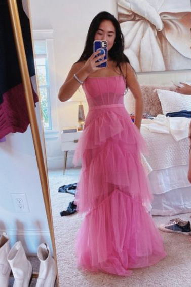 Pink Long Prom Dresses Princess Tulle Tiered Dress In Pink