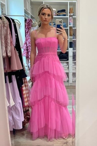 Pink Long Prom Dresses Princess Tulle Tiered Dress In Pink