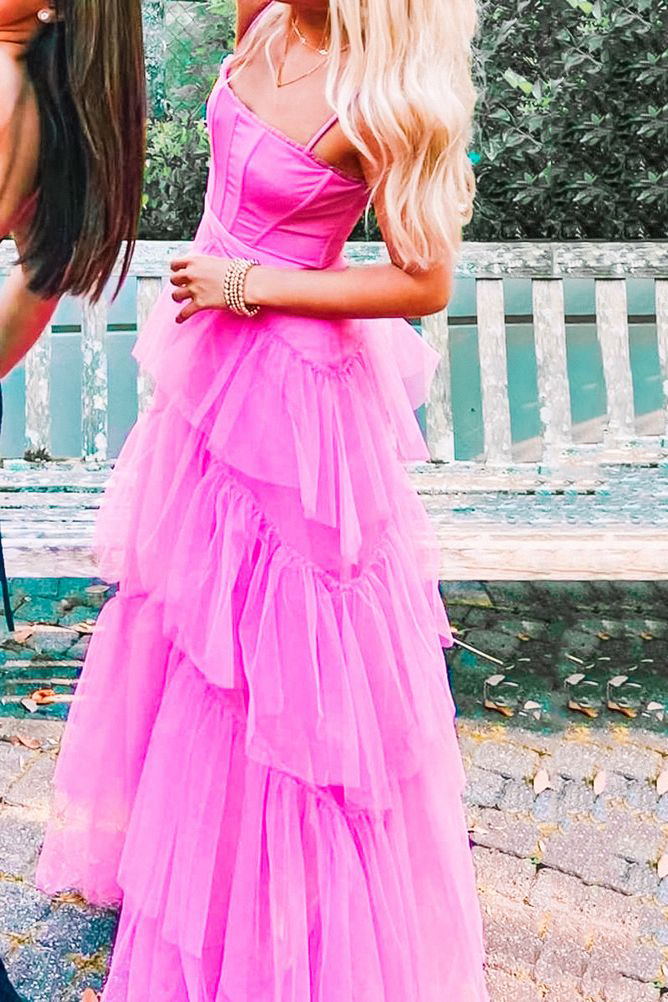 Pink Long Prom Dresses Princess Tulle Tiered Dress In Pink
