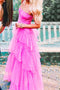 Hot Pink Long Prom Dresses Princess Tulle, Tiered Formal Dress In Pink