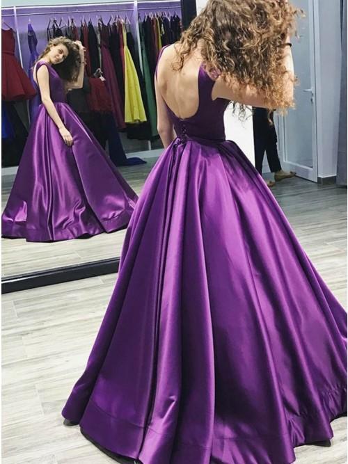 a-line round neck open back purple satin long prom dress dtp241