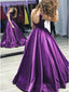 A-Line Round Neck Open Back Purple Satin Long Prom Dress