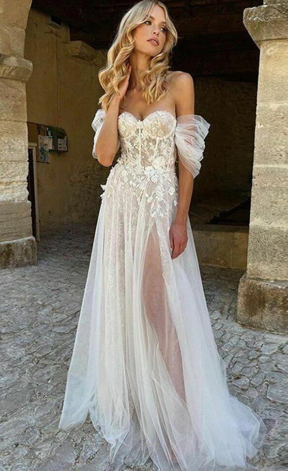 Off Shoulder Tulle Beach Wedding Dresses, A Line Lace Floral Boho Wedding Gown
