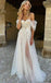 Off Shoulder Tulle Beach Wedding Dresses, A Line Lace Floral Boho Wedding Gown