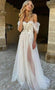 Off Shoulder Tulle Beach Wedding Dresses, A Line Lace Floral Boho Wedding Gown