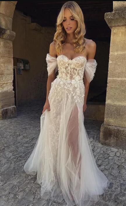 Off Shoulder Tulle Beach Wedding Dresses, A Line Lace Floral Boho Wedding Gown