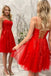Red Lace Applique Spaghetti Straps Homecoming Dresses, Red Tulle Short Prom Dress,
