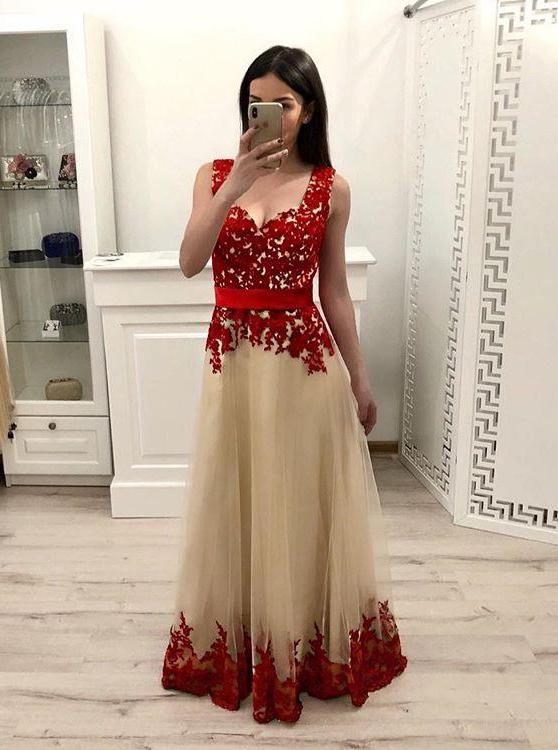 A-line Prom Dress With Red Appliques, Tulle Long Formal Dress