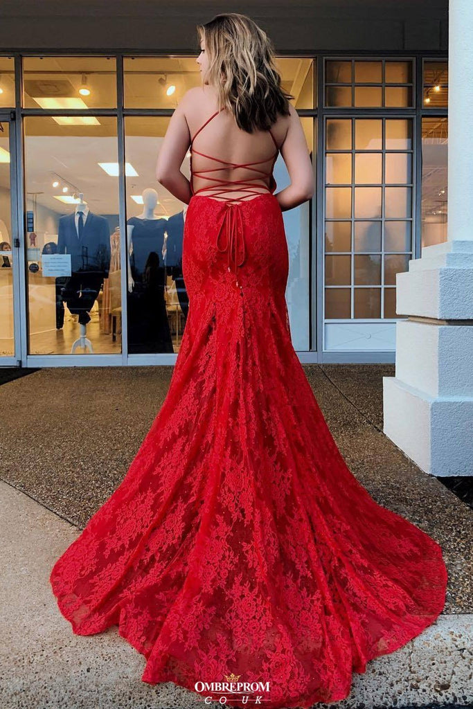 Red Backless Long Prom Dresses V-Neck Mermaid Spaghetti Evening Dress