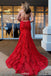 Red Backless Long Prom Dresses V-Neck Mermaid Spaghetti Evening Dress