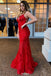 Red Backless Long Prom Dresses V-Neck Mermaid Spaghetti Evening Dress