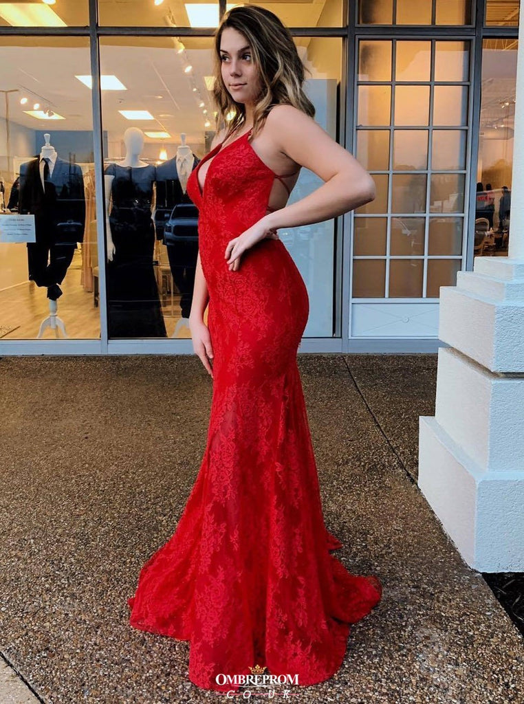 red backless long prom dresses v-neck mermaid spaghetti evening dress dtp580