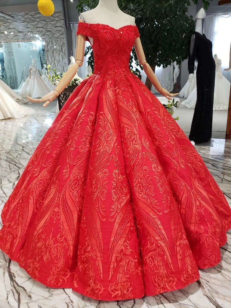 off-shoulder red ball gown appliques beads quinceanera dress dtp73