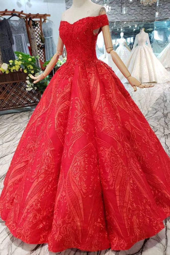 Off-Shoulder Red Ball Gown Appliques Beads Quinceanera Dress