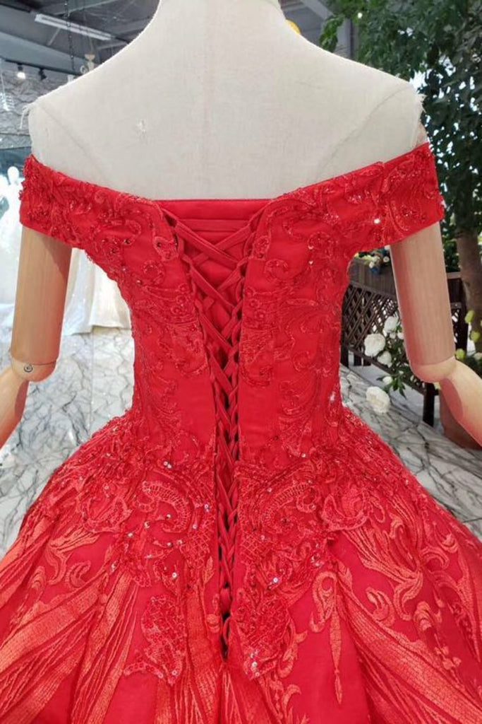 Off-Shoulder Red Ball Gown Appliques Beads Quinceanera Dress