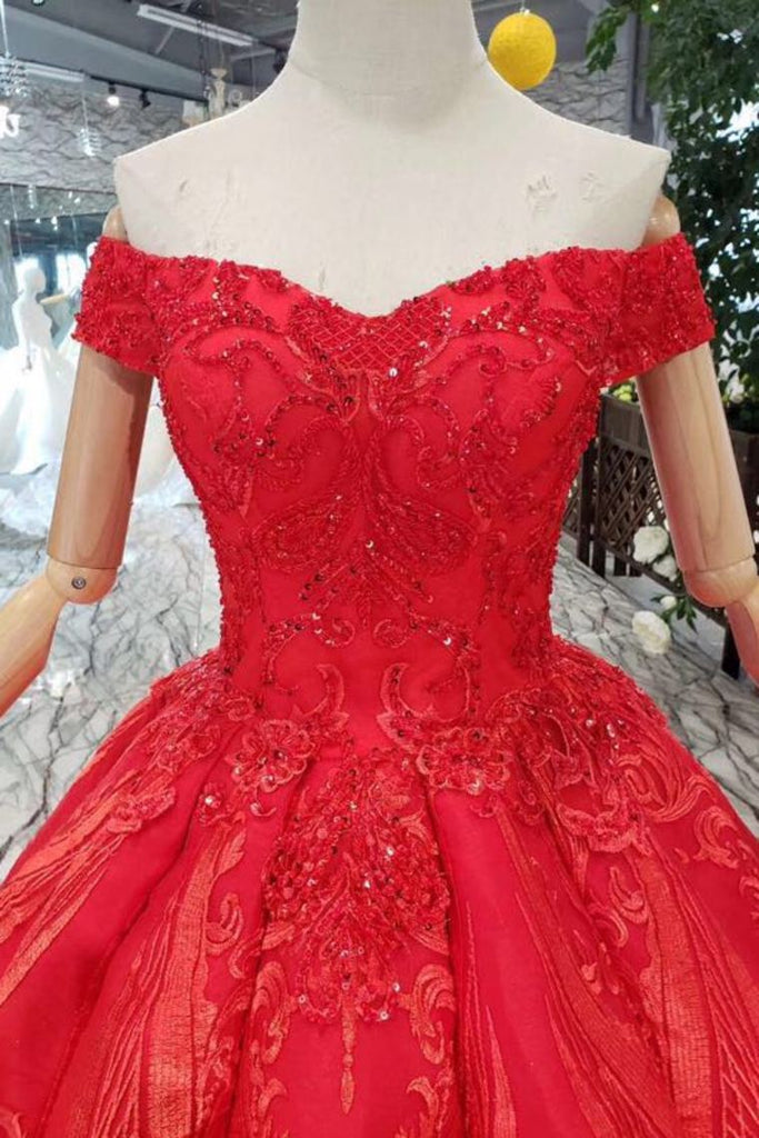 Off Shoulder Red Ball Gown Appliques Beads Quinceanera Dress DTP73