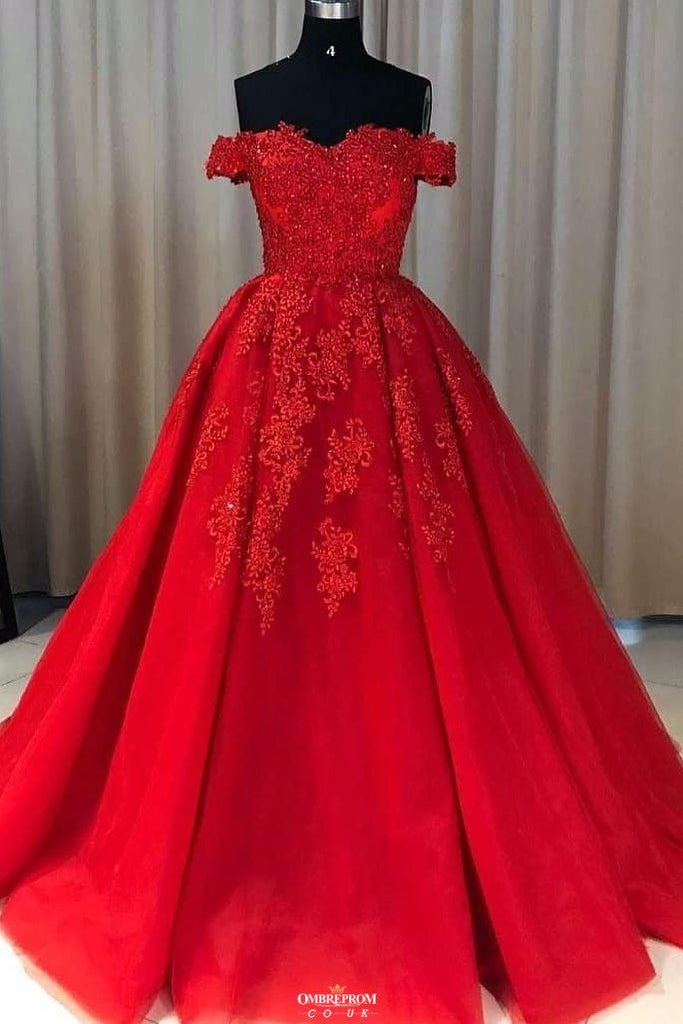 Red Ball Gown Tulle Off-the-shoulder Lace Appliques Long Prom Dresses
