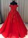 red ball gown tulle off-the-shoulder lace appliques long prom dresses dtp573