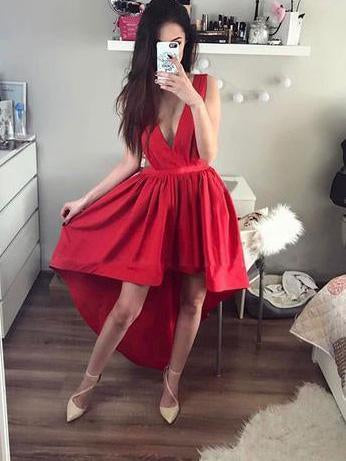 asymmetrical plunging neck high low red prom dress dth385